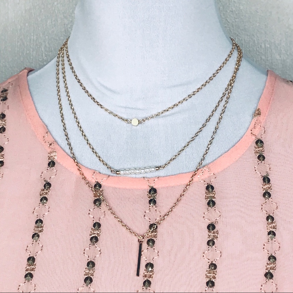 3 Layer Pearl, Gold Dot, & Vertical Bar Necklace